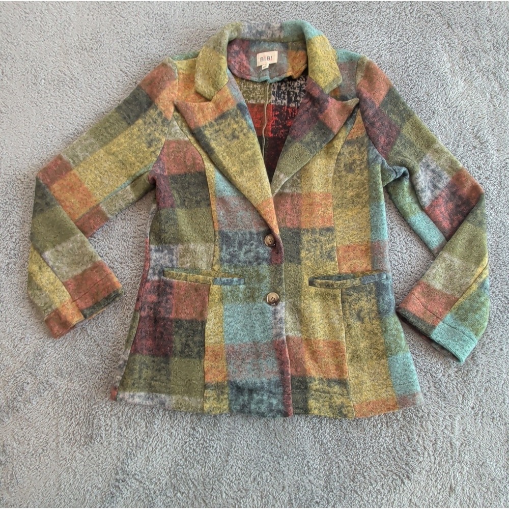 BiBi Plaid Knit Blazer Jacket Multicolor Brushed Women's Size Small Boho